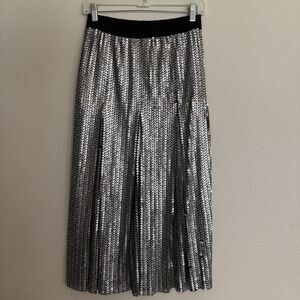 Maje Women's 2 Medium Maxi A Line Skirt Full Sequin Silver Elastic Waist